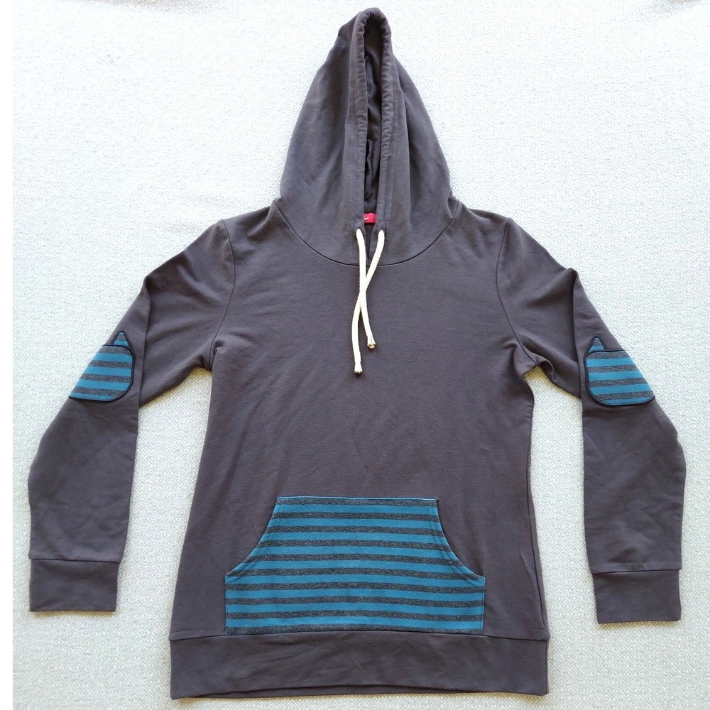 Cen Hoodie Womens Size M Gray Cat Elbow Patch Striped Pocket Pullover Sweatshirt